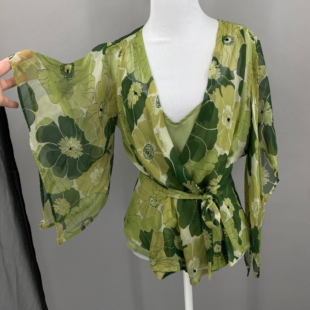 Y2K Richard Malcolm Silk Floral Wrap Top Set Women M Green Boho Fairy Whimical
